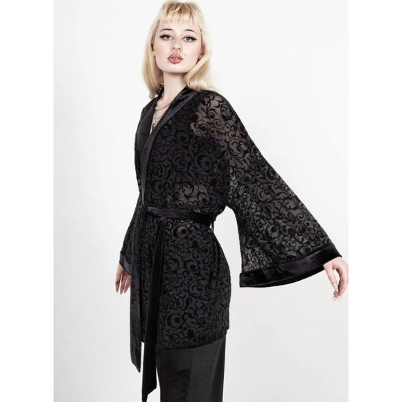 Disturbia Tops - DISTURBIA Grimoire short gothic velvet trim robe kimono